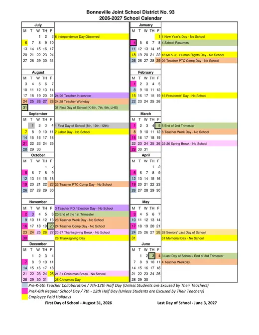 Bonneville Joint School District No. 93 2026–2027 Academic Calendar