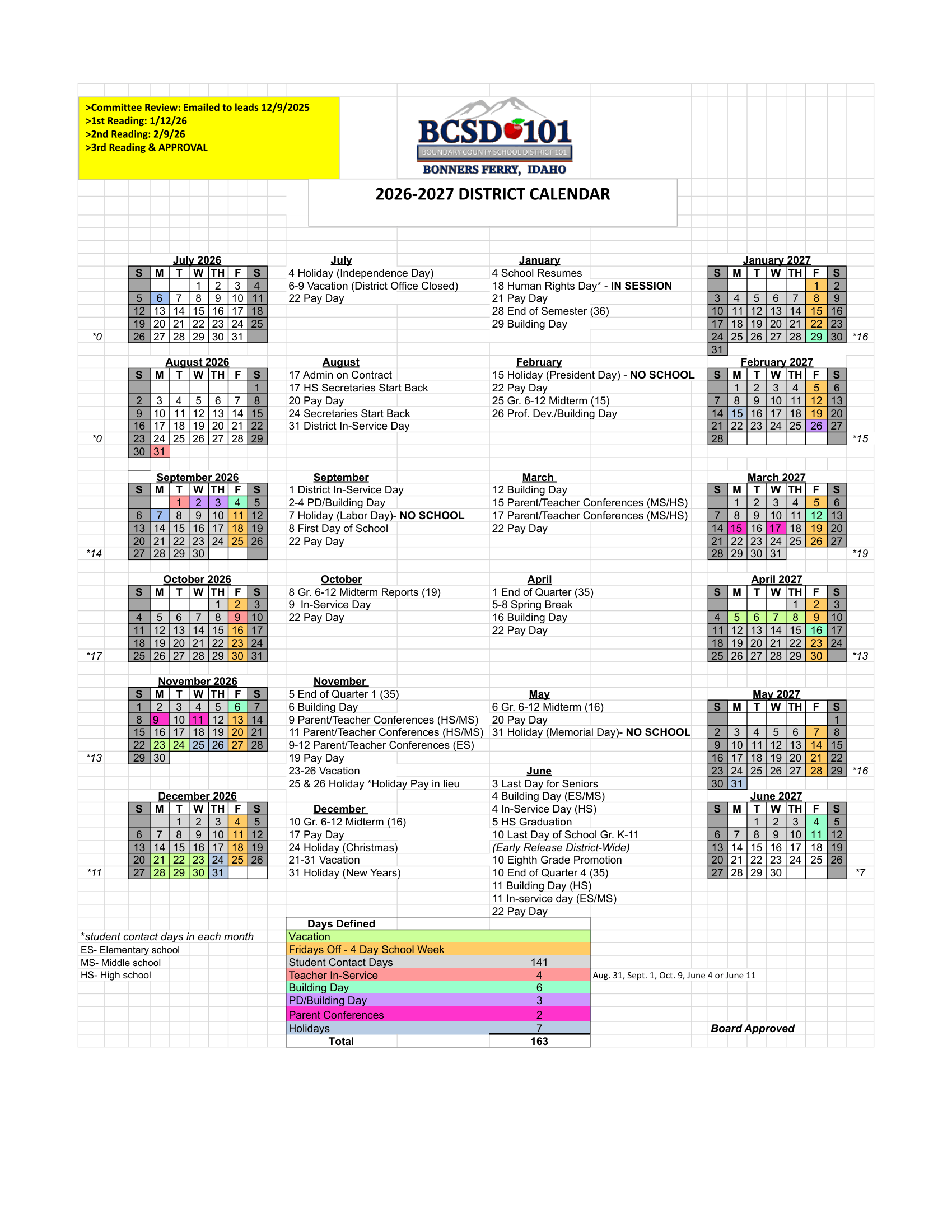 Boundary County School District 101 2026-2027 Academic Calendar