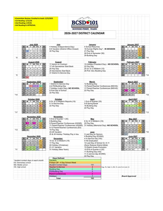 Boundary County School District 101 2026–2027 Academic Calendar