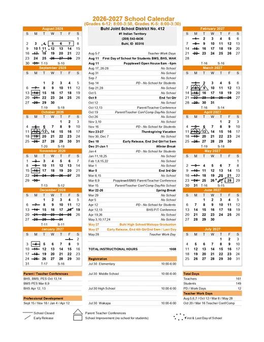Buhl Joint School District No. 412 2026–2027 Academic Calendar