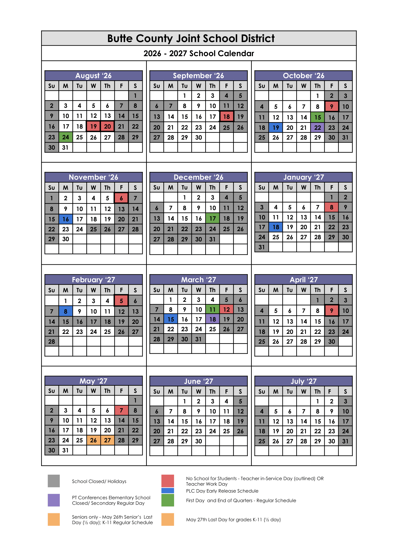 Butte County Joint School District 2026-2027 Academic Calendar Page 1