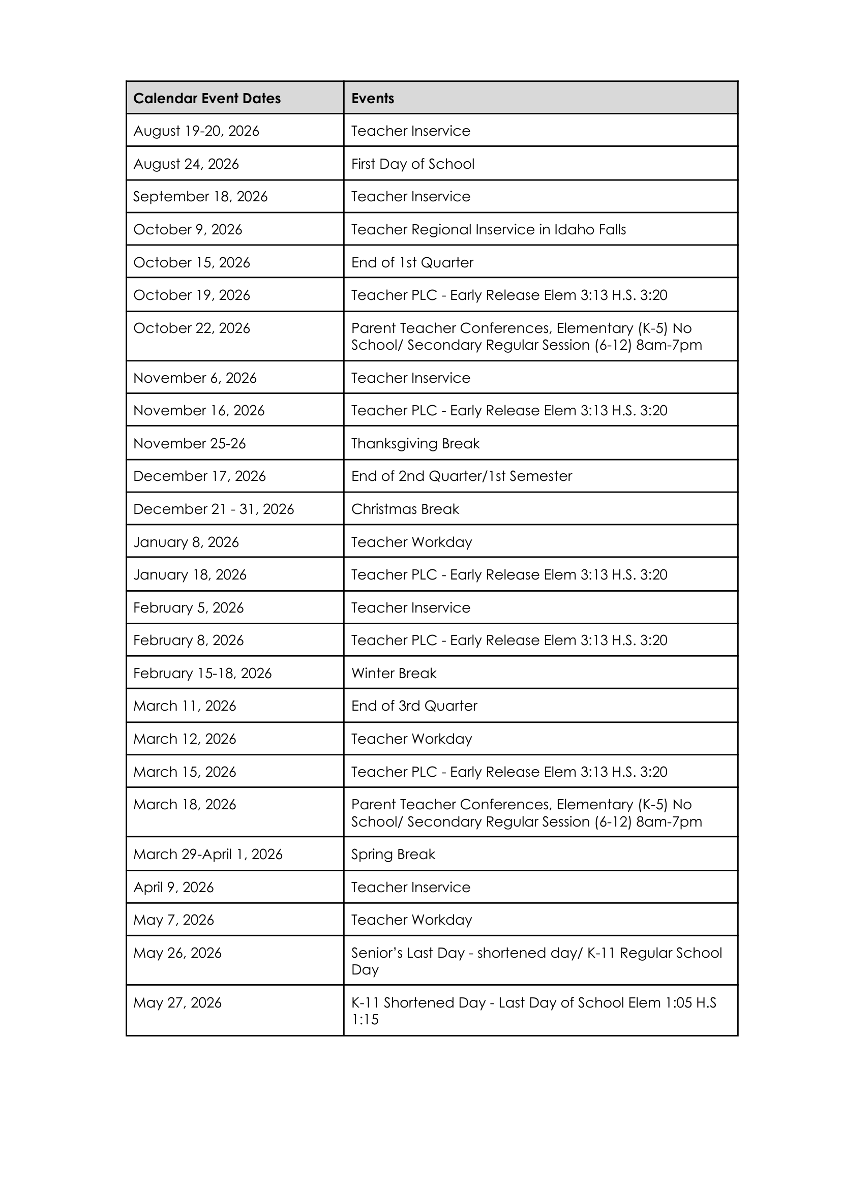 Butte County Joint School District 2026-2027 Academic Calendar Page 2