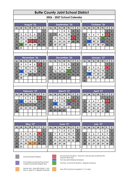 Butte County Joint School District 2026–2027 Academic Calendar Page 1