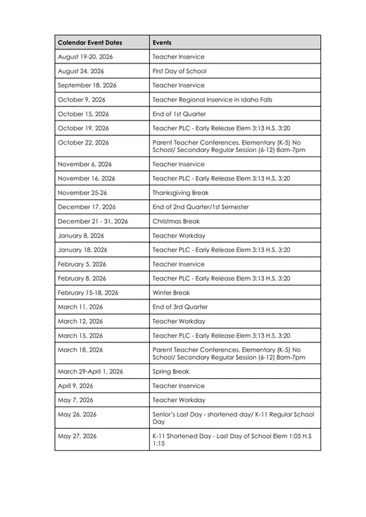 Butte County Joint School District 2026–2027 Academic Calendar Page 2