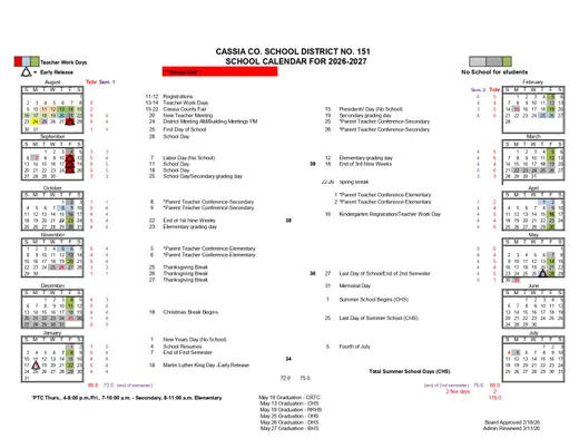 Cassia Co. School District No. 151 2026–2027 Academic Calendar
