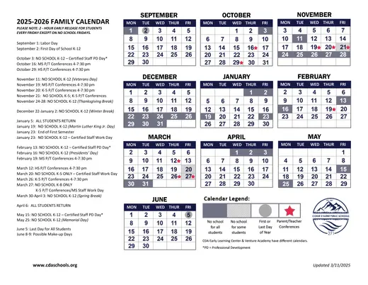 Coeur d'Alene Public Schools 271 2025–2026 Academic Calendar
