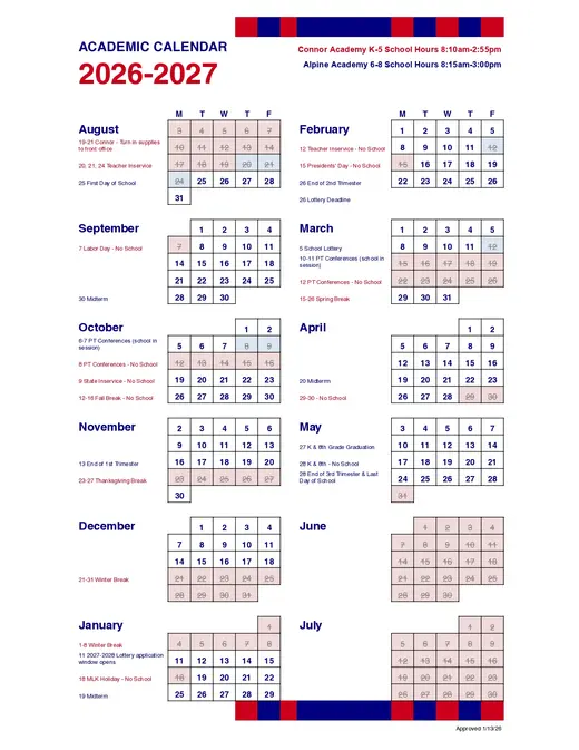 Connor Academy Alpine Academy 2026–2027 Academic Calendar