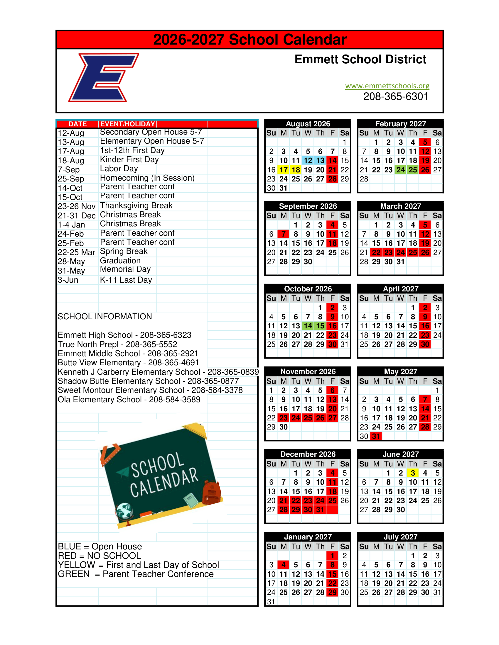 Emmett School District 2026-2027 Academic Calendar Page 1
