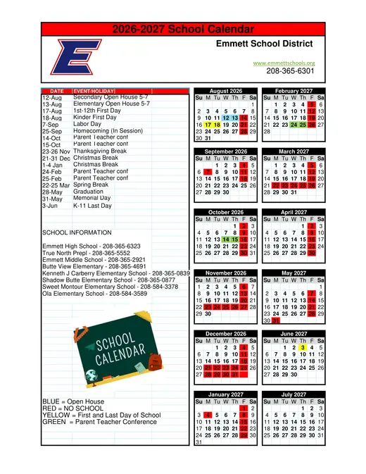 Emmett School District 2026–2027 Academic Calendar Page 1