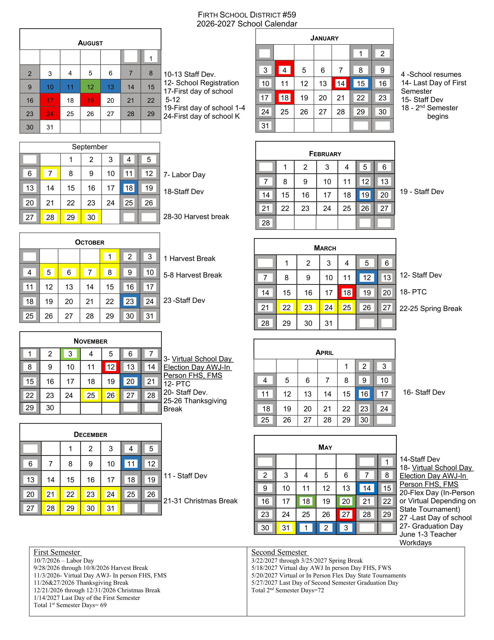 Firth School District #59 2026-2027 Academic Calendar