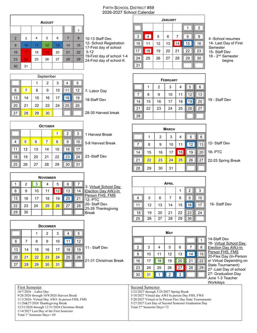 Firth School District #59 2026–2027 Academic Calendar