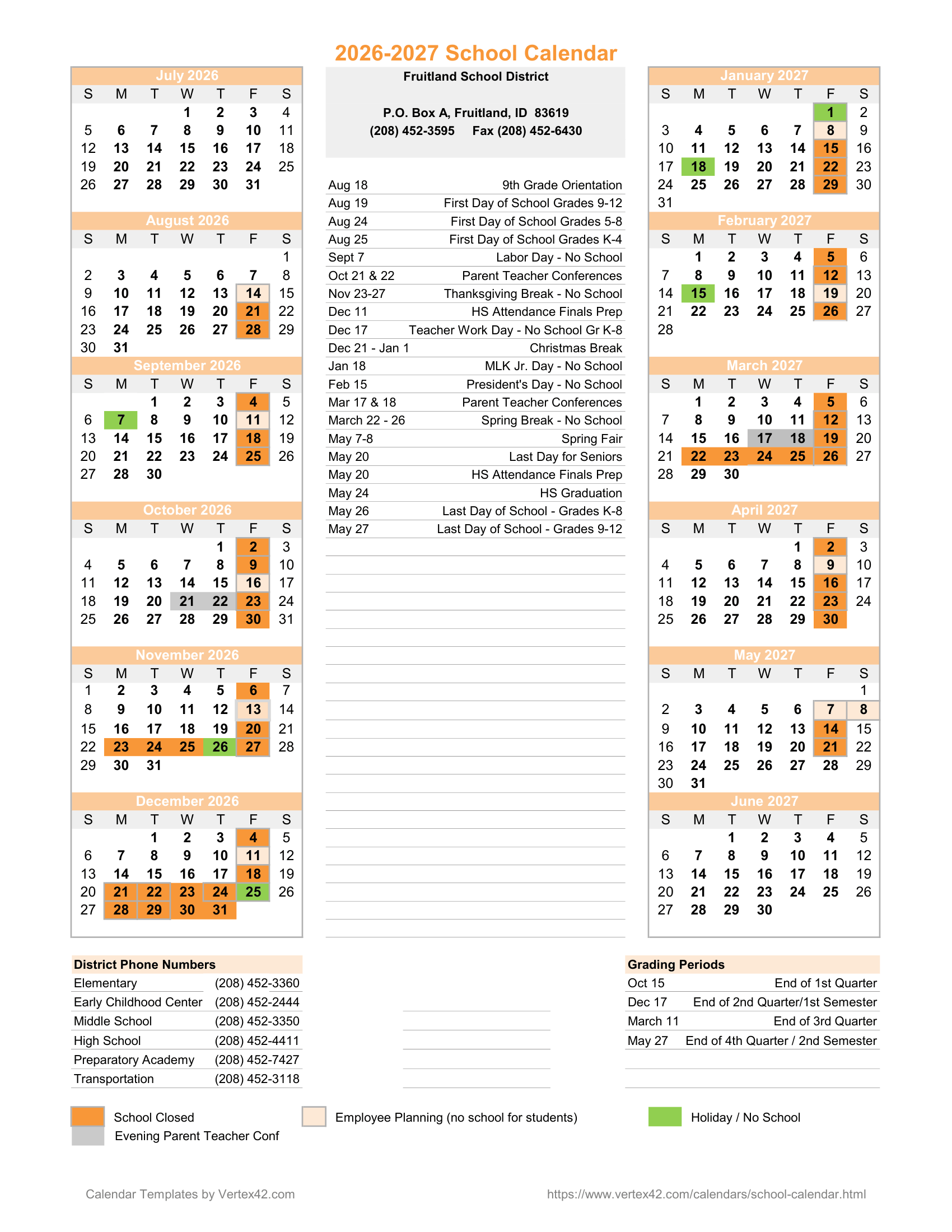 Fruitland School District 2026-2027 Academic Calendar