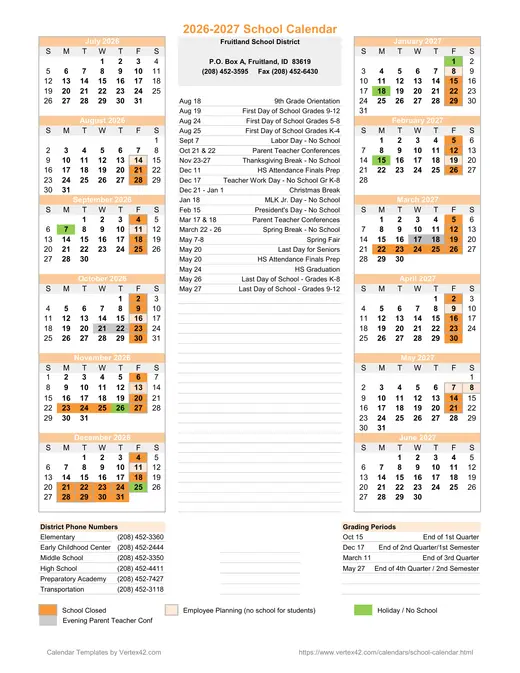Fruitland School District 2026–2027 Academic Calendar