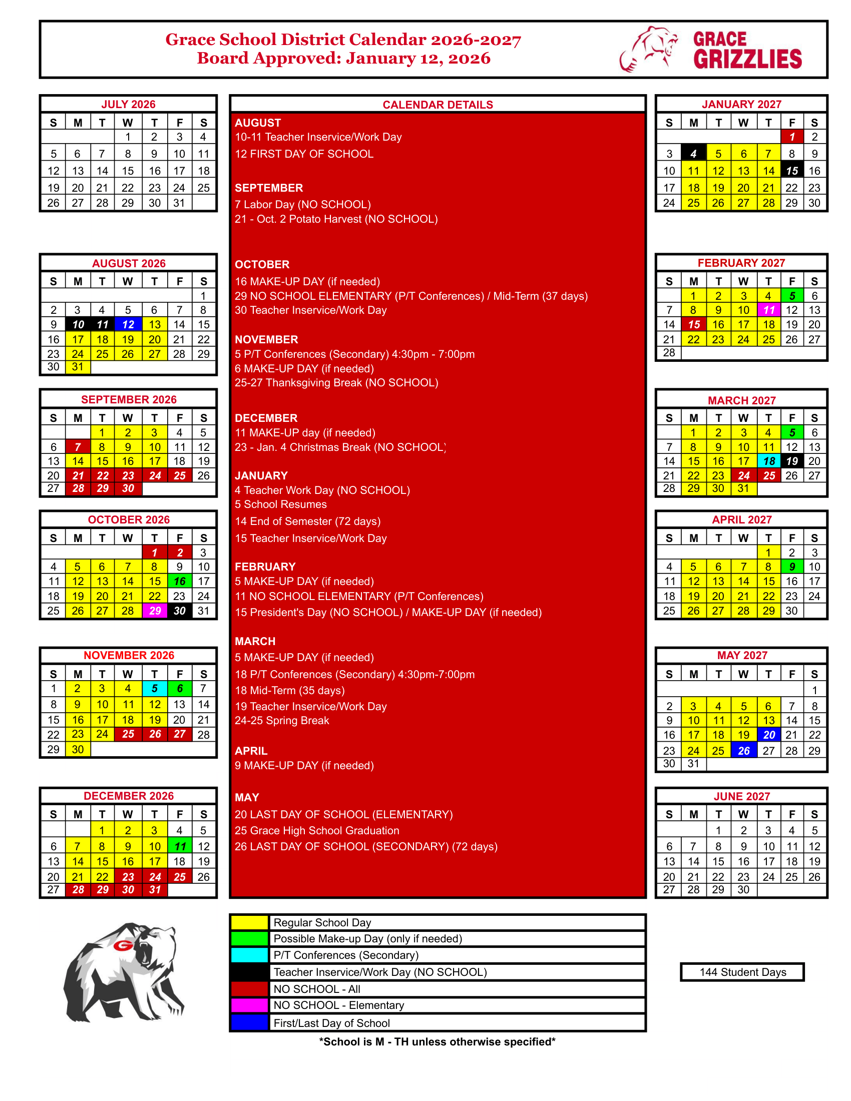 Grace School District 2026-2027 Academic Calendar