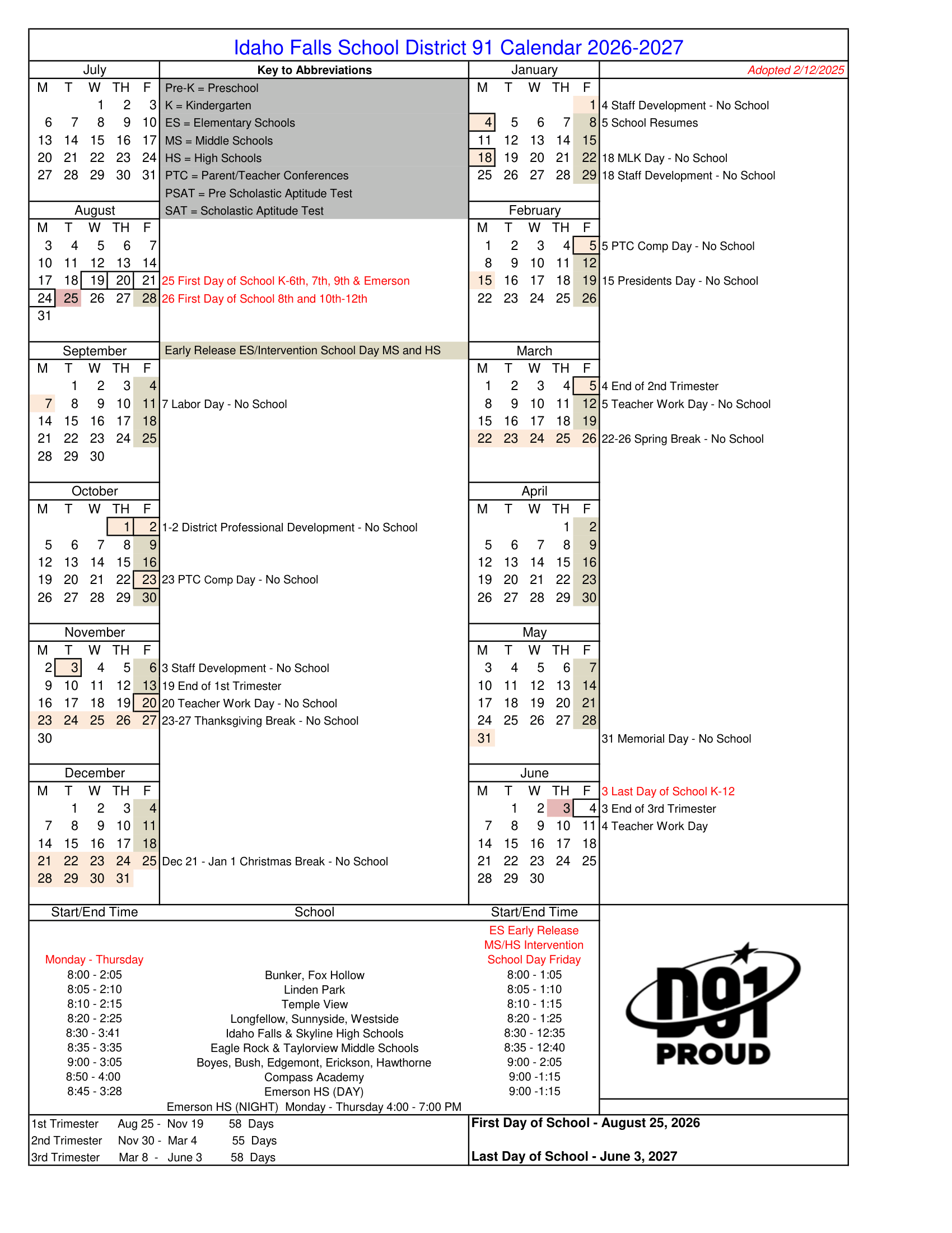 Idaho Falls School District 91 2026-2027 Academic Calendar