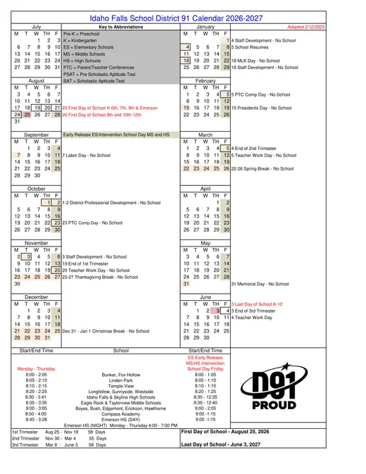 Idaho Falls School District 91 2026–2027 Academic Calendar