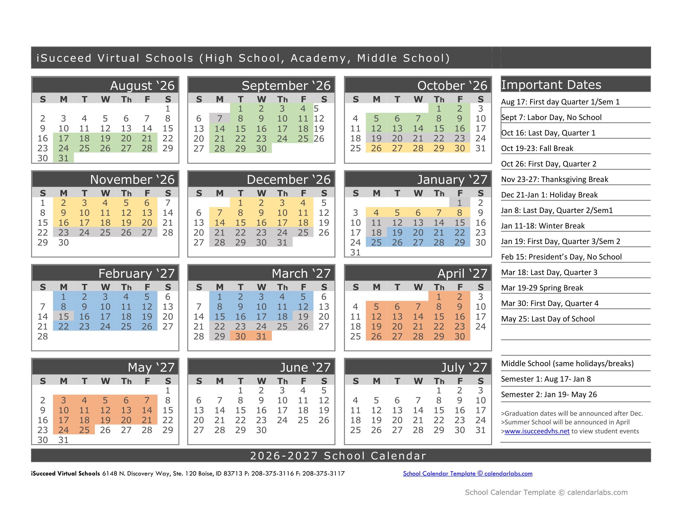 iSucceed Virtual Schools (High School, Academy, Middle School) 2026-2027 Academic Calendar