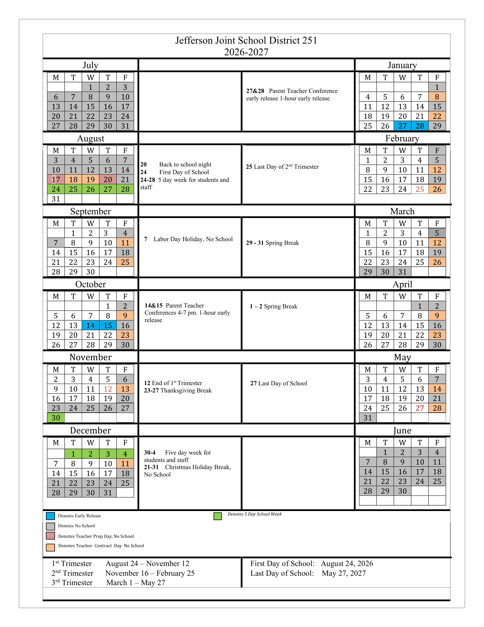Jefferson Joint School District 251 2026-2027 Academic Calendar
