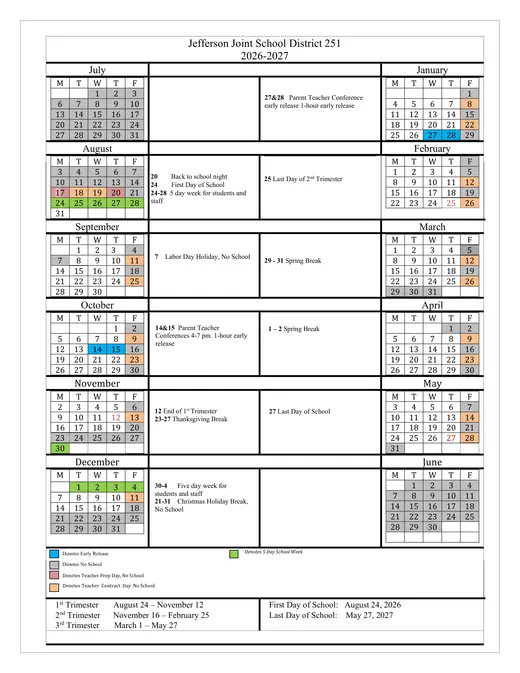 Jefferson Joint School District 251 2026–2027 Academic Calendar