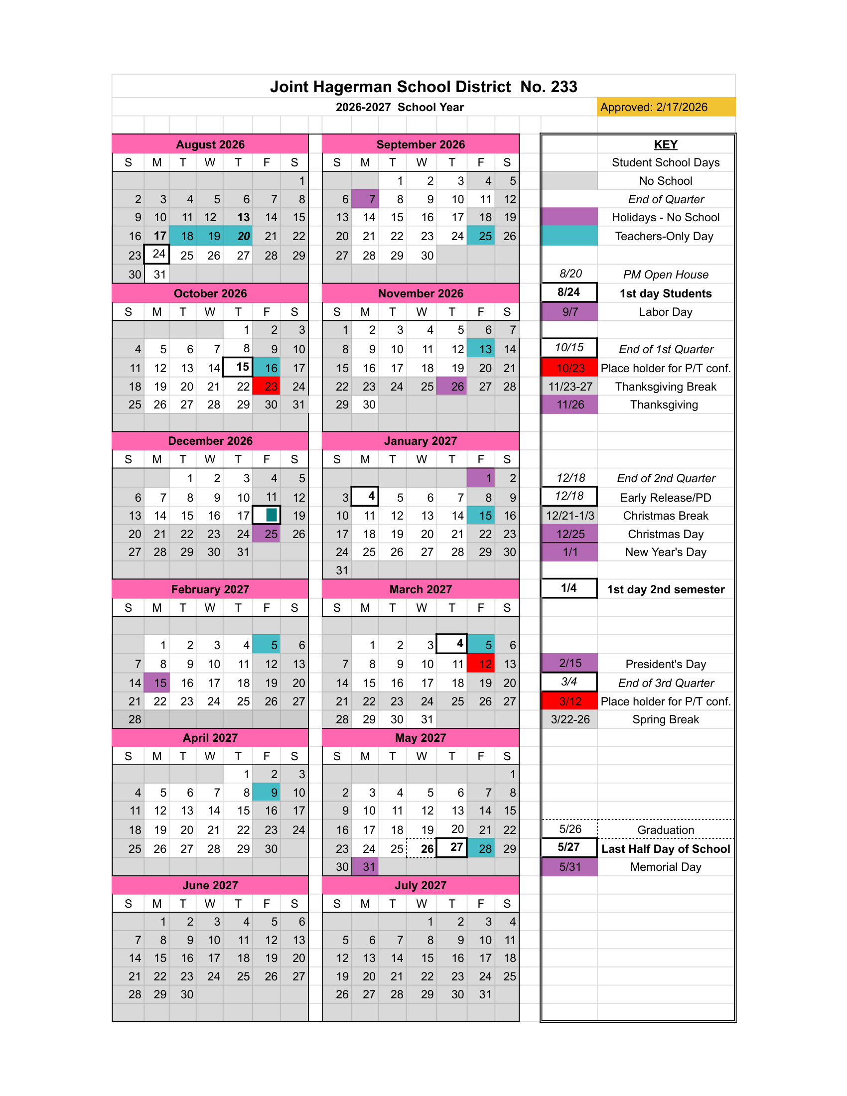 Joint Hagerman School District No. 233 2026-2027 Academic Calendar