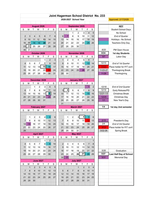 Joint Hagerman School District No. 233 2026–2027 Academic Calendar