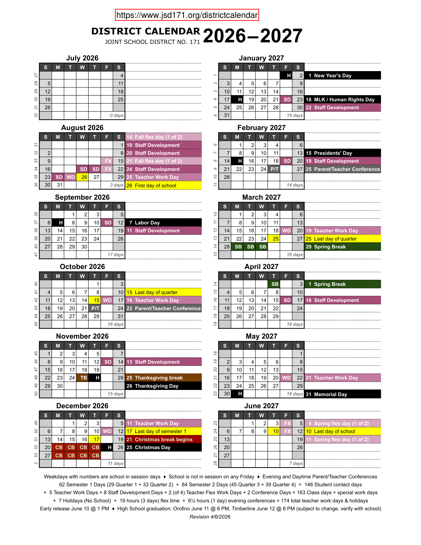 Joint School District No. 171 2026-2027 Academic Calendar