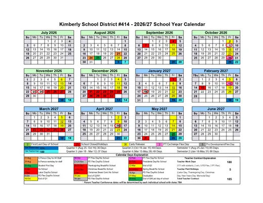 Kimberly School District #414 2026–2027 Academic Calendar