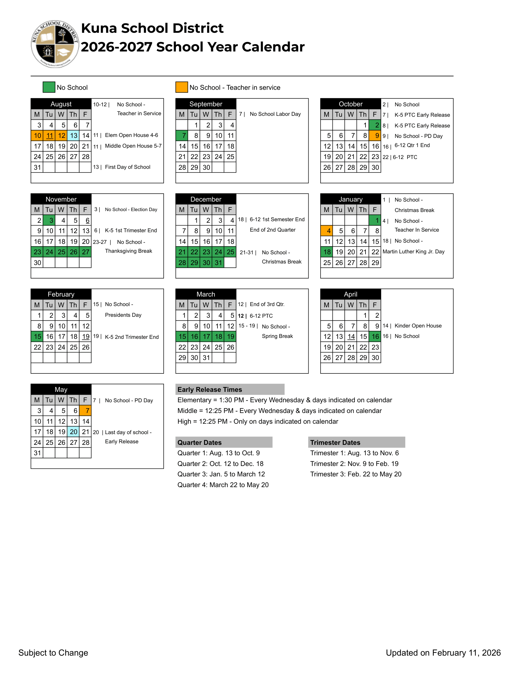 Kuna School District 2026-2027 Academic Calendar