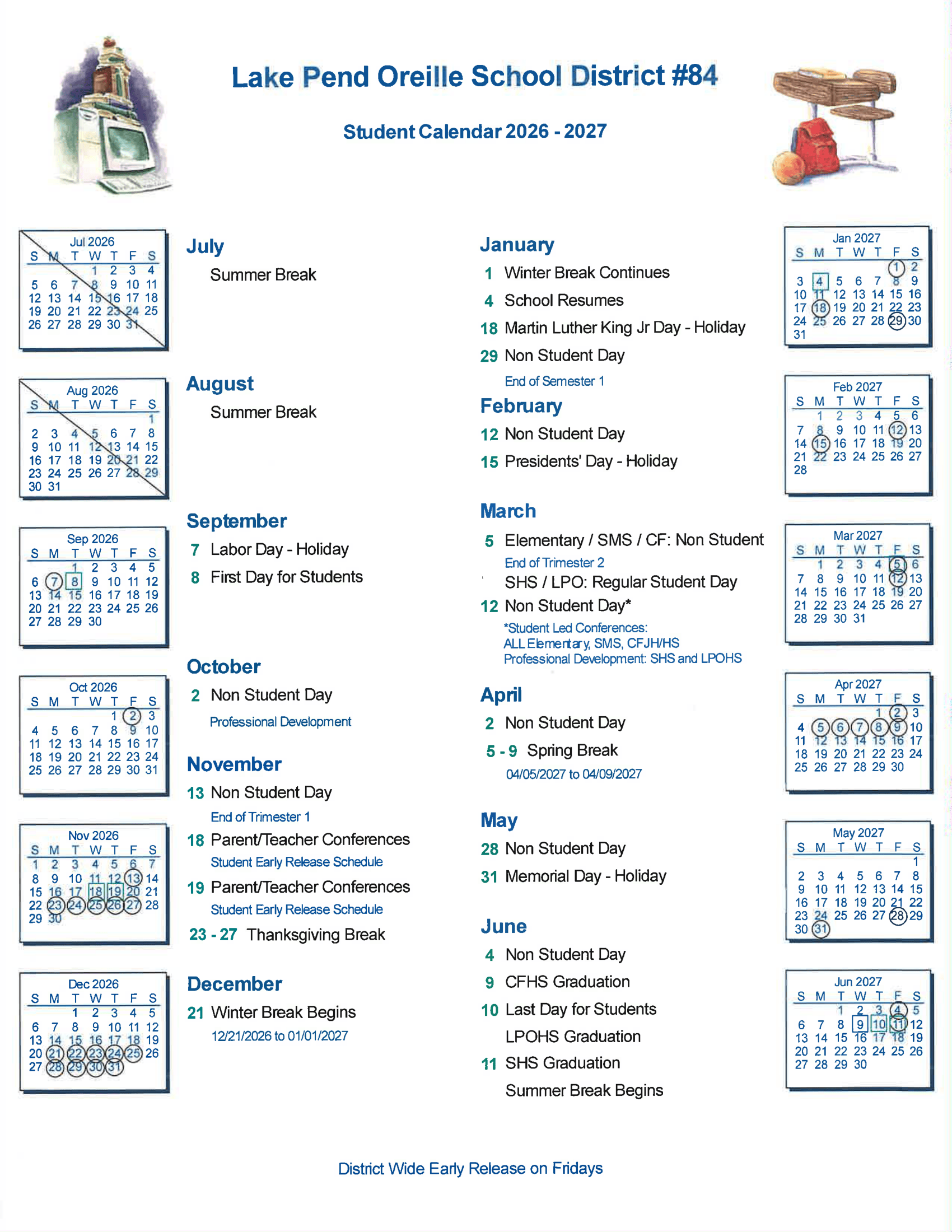 Lake Pend Oreille School District #84 2026-2027 Academic Calendar