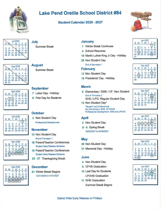 Lake Pend Oreille School District #84 2026–2027 Academic Calendar