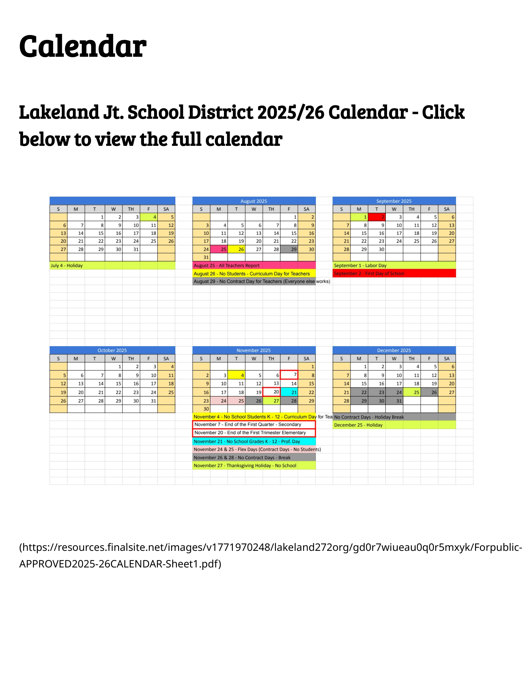 Lakeland Joint School District 272 2026-2027 Academic Calendar Page 1