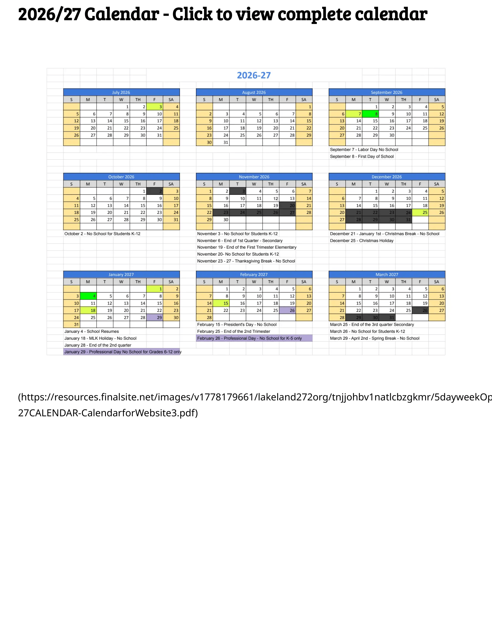 Lakeland Joint School District 272 2026-2027 Academic Calendar Page 2