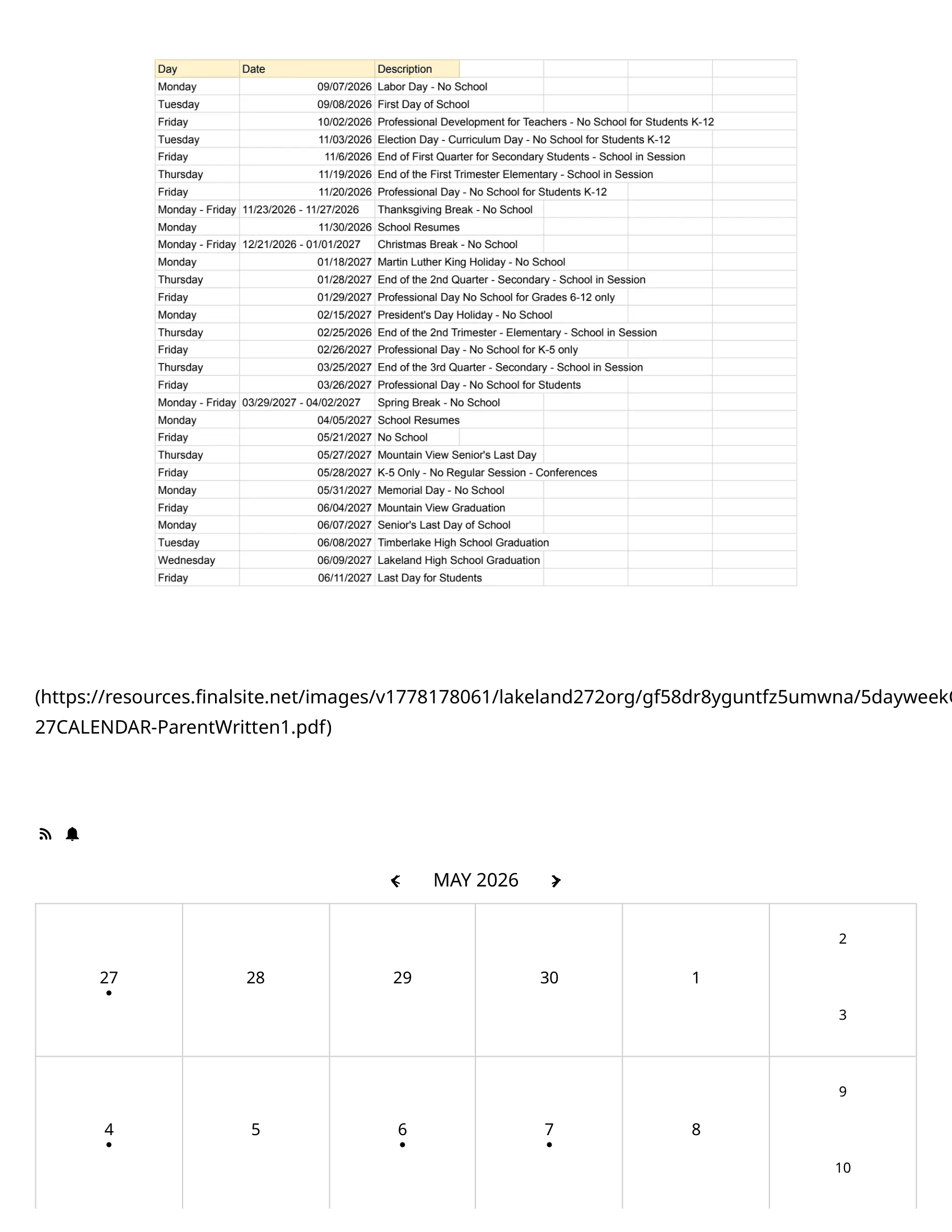 Lakeland Joint School District 272 2026-2027 Academic Calendar Page 3