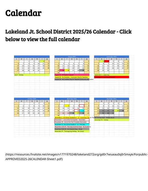 Lakeland Joint School District 272 2026–2027 Academic Calendar Page 1