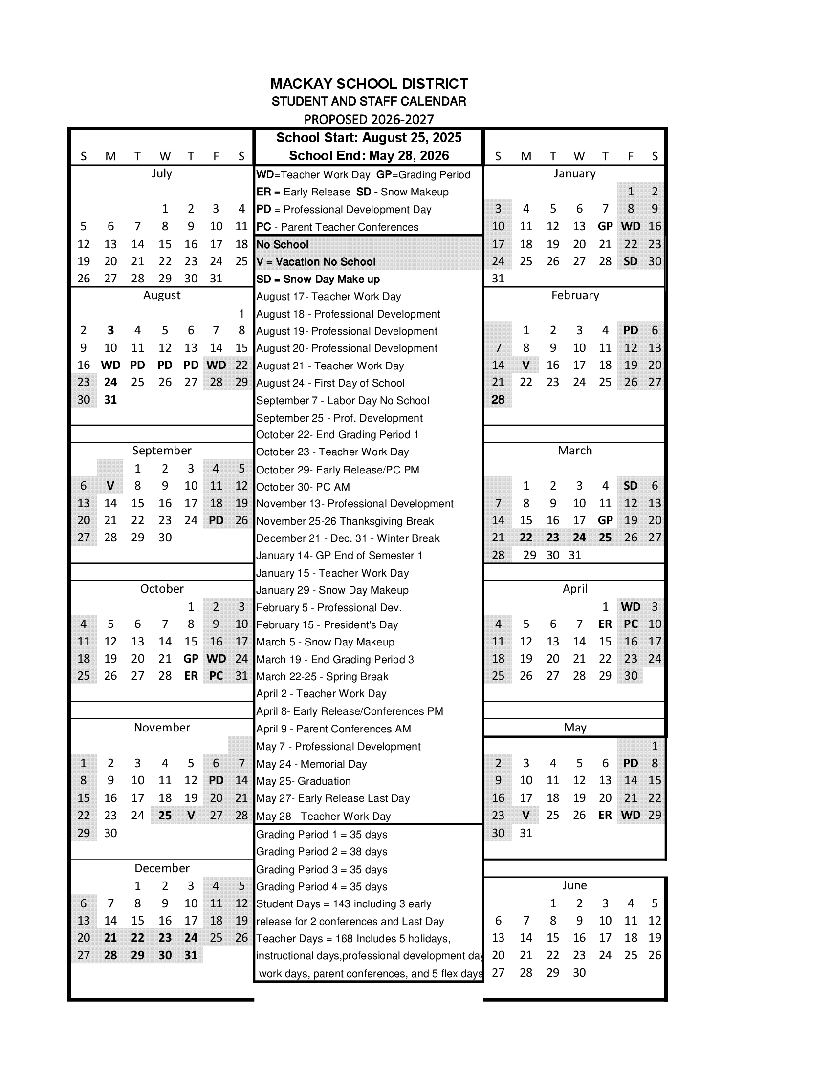Mackay School District 2025-2026 Academic Calendar Page 1