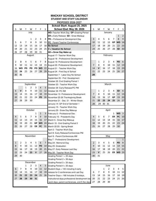 Mackay School District 2025–2026 Academic Calendar Page 1