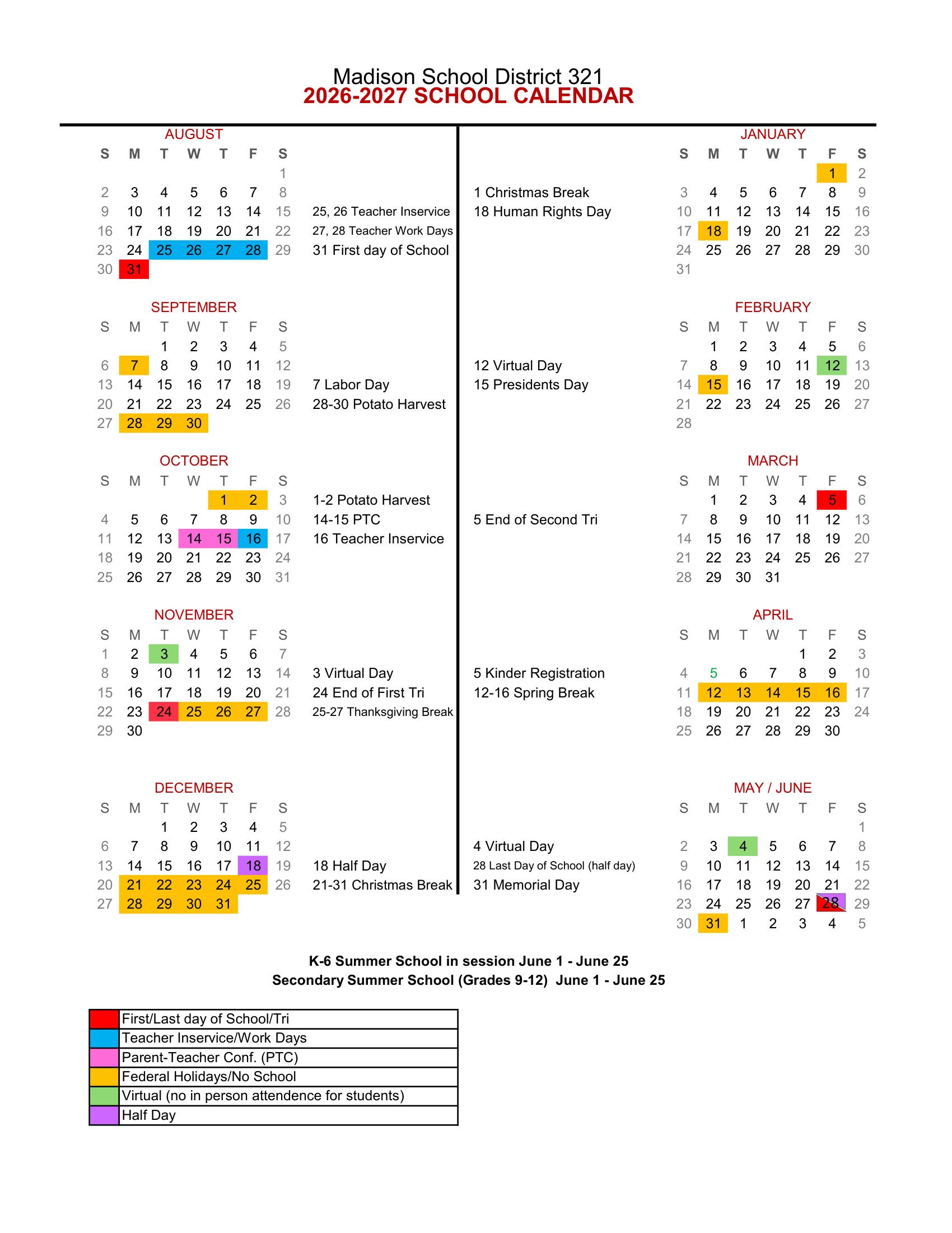 Madison School District 321 2026-2027 Academic Calendar