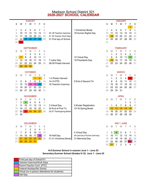 Madison School District 321 2026–2027 Academic Calendar