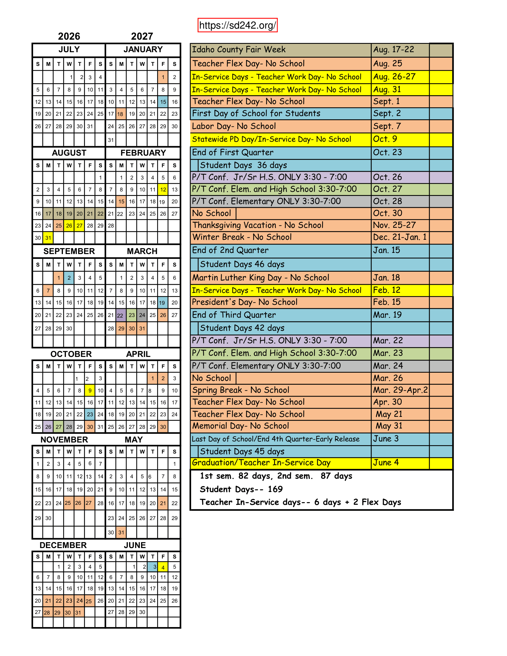 Marsh Valley School District 242 2026-2027 Academic Calendar