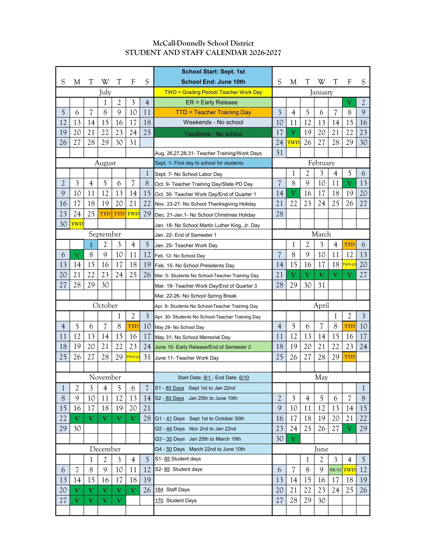 McCall-Donnelly School District 2026-2027 Academic Calendar