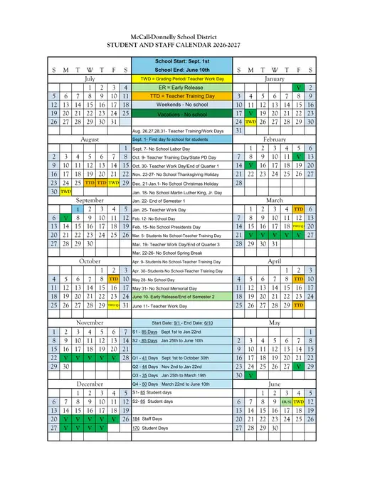 McCall-Donnelly School District 2026–2027 Academic Calendar