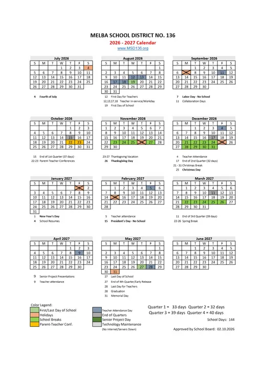 Melba School District No. 136 2026–2027 Academic Calendar