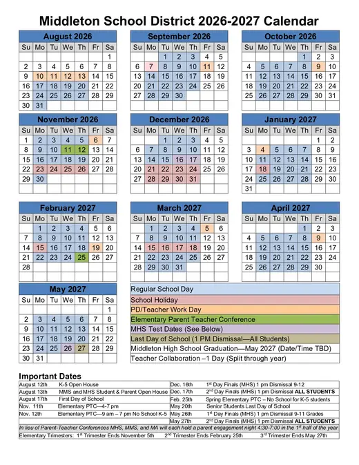 Middleton School District 2026–2027 Academic Calendar