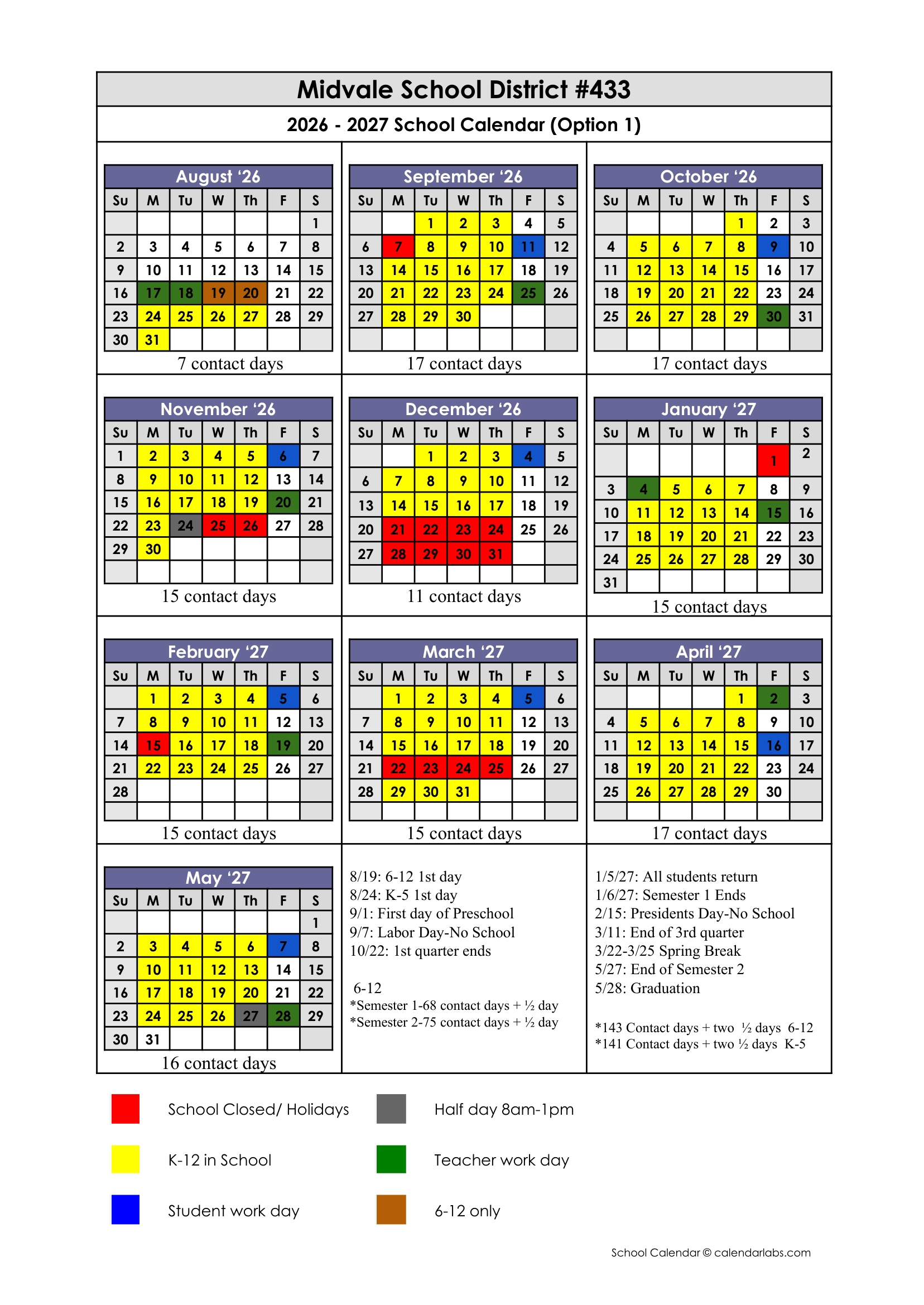 Midvale School District #433 2026-2027 Academic Calendar