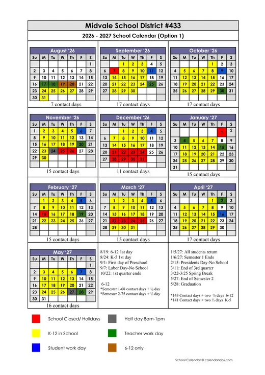 Midvale School District #433 2026–2027 Academic Calendar
