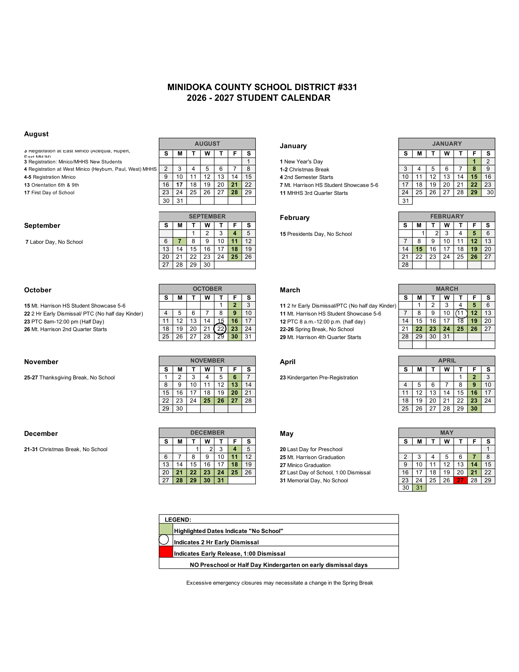 MINIDOKA COUNTY SCHOOL DISTRICT #331 2026-2027 Academic Calendar