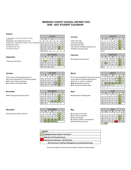 Minidoka County School District #331 2026–2027 Academic Calendar