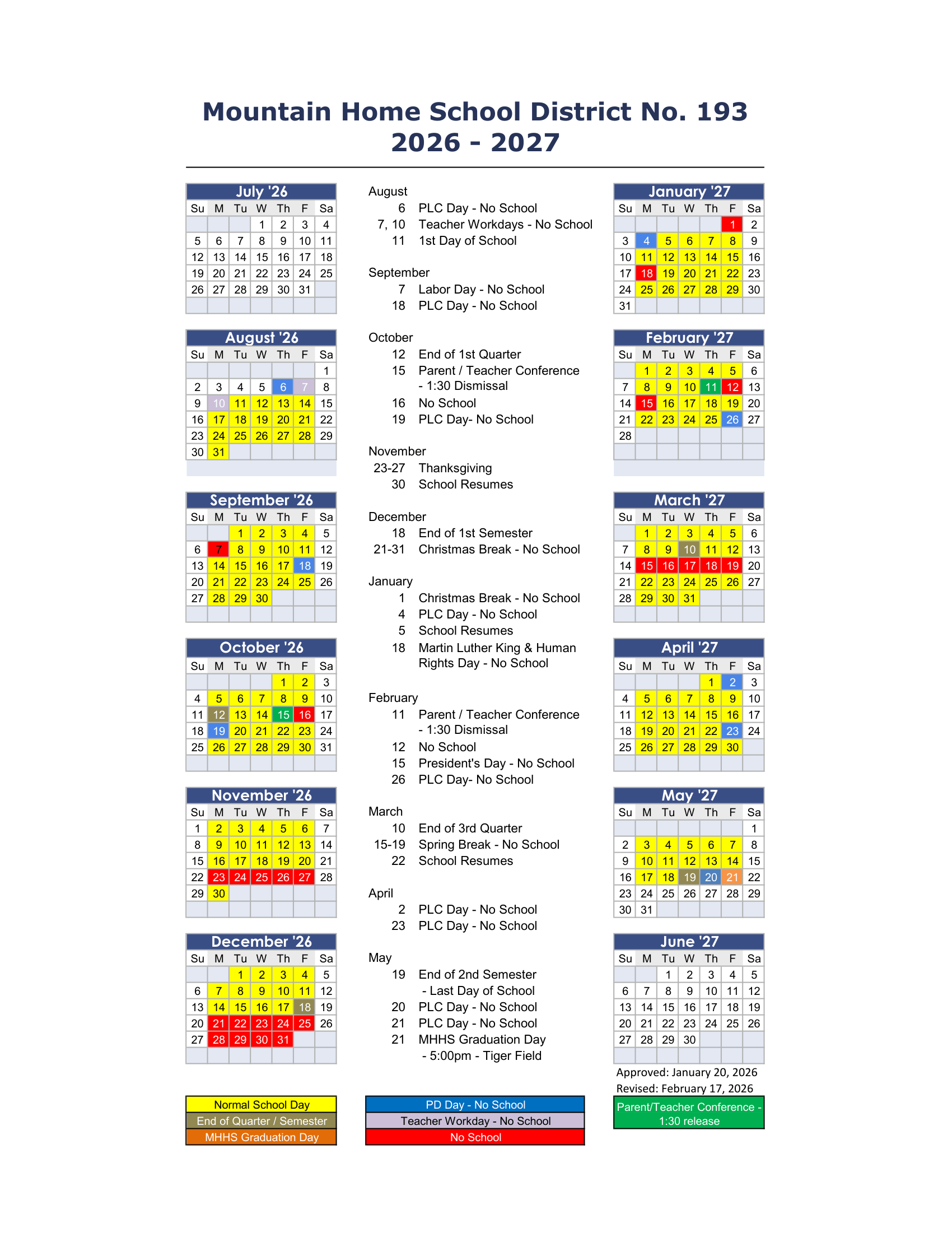 Mountain Home School District No. 193 2026-2027 Academic Calendar