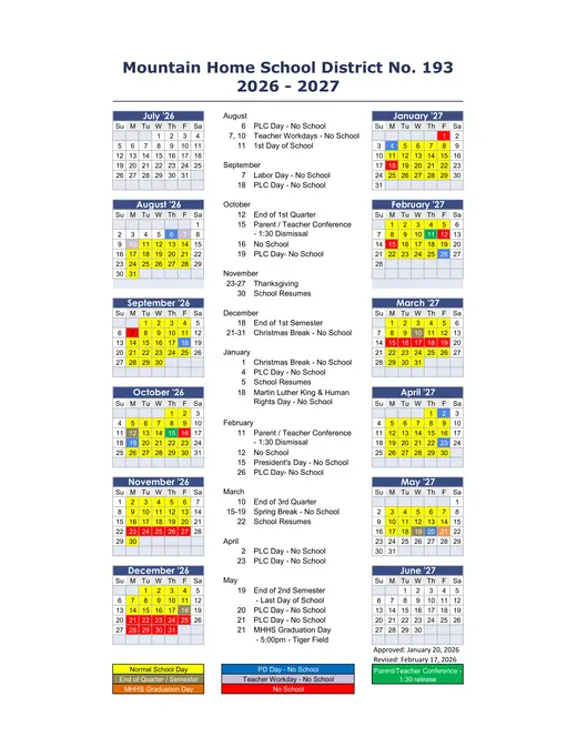 Mountain Home School District No. 193 2026–2027 Academic Calendar