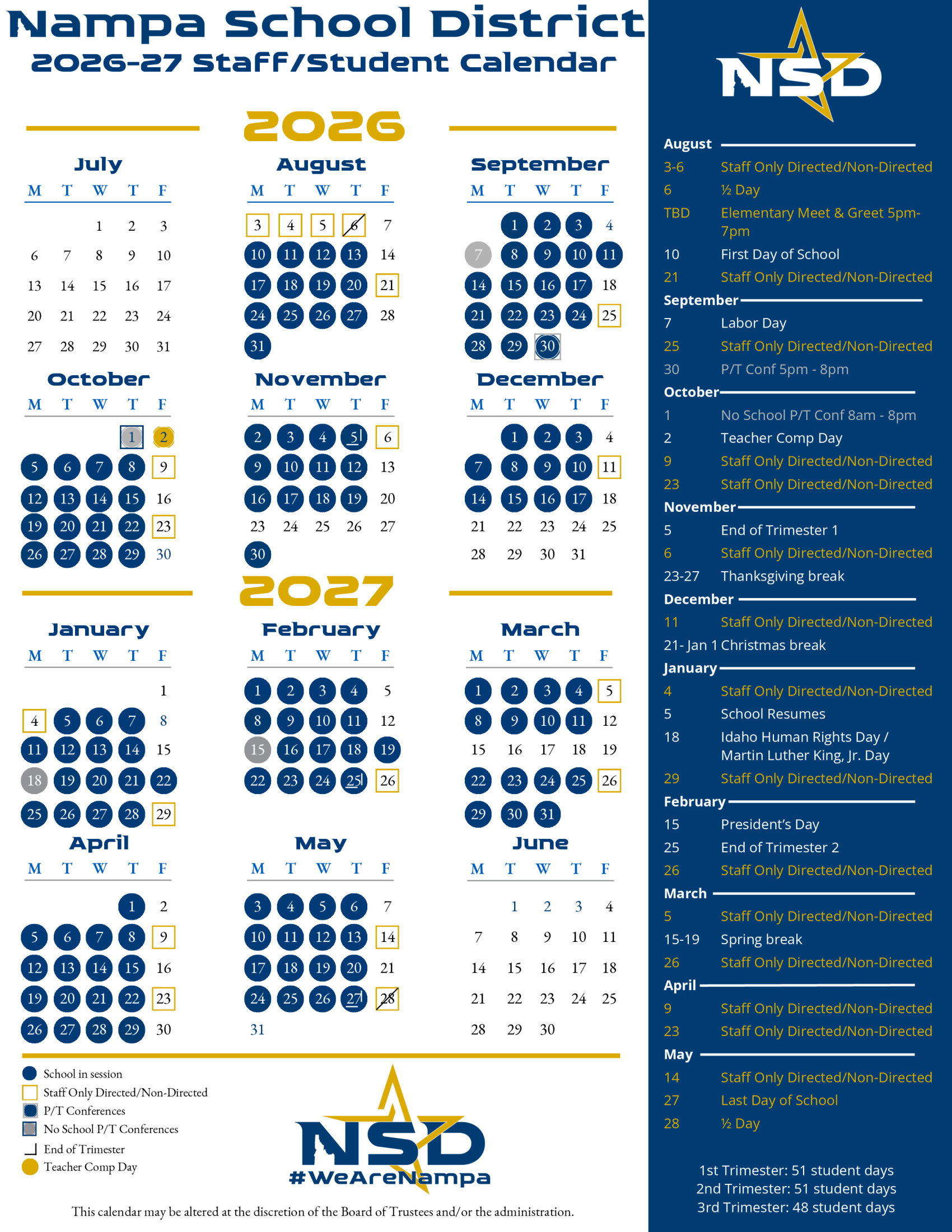 Nampa School District 2026-2027 Academic Calendar
